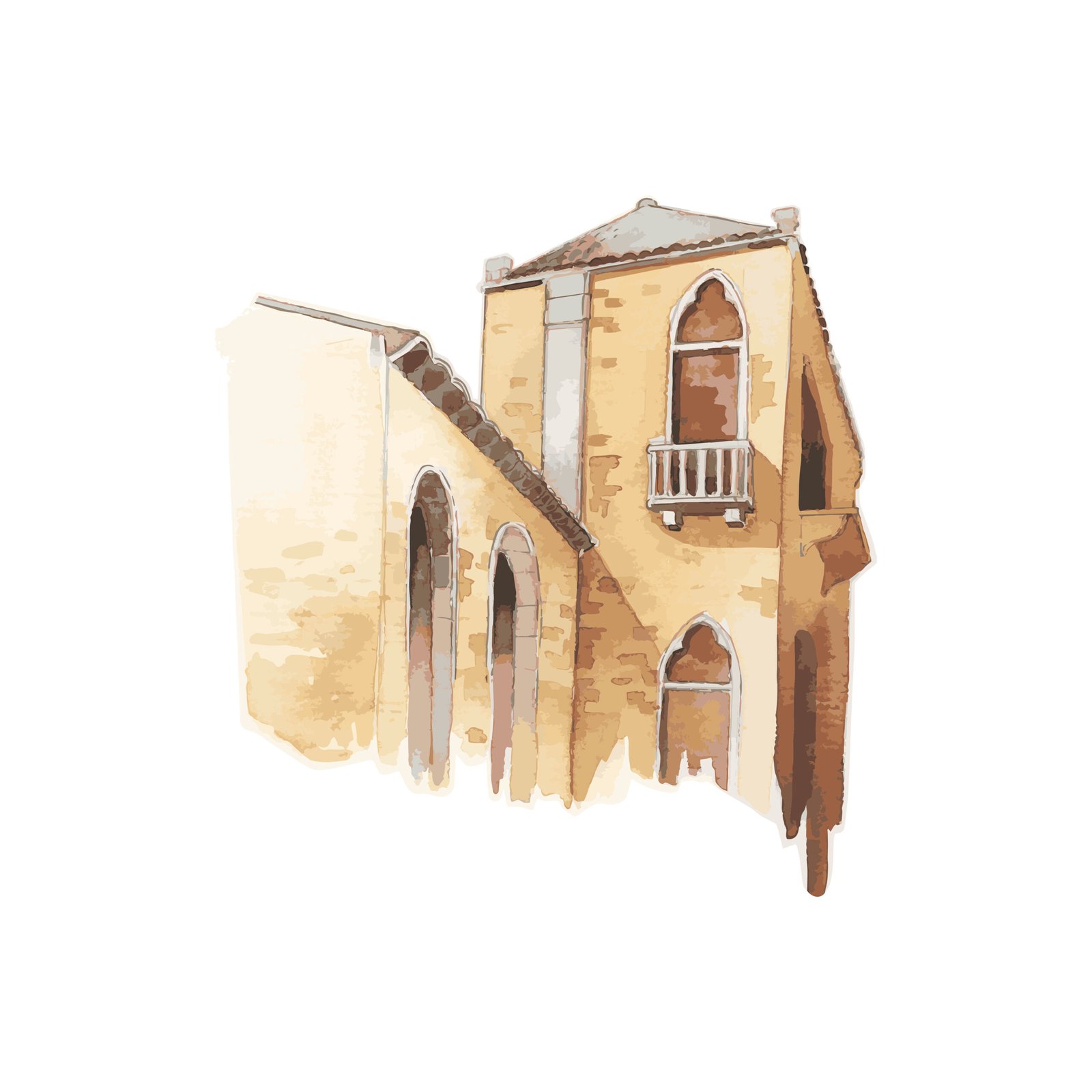 Illustration of Mediterranean city building exterior water color style